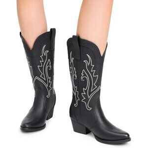Brand New Women's Black Leather Chunky Heel Embroidery Stitched Western Boots